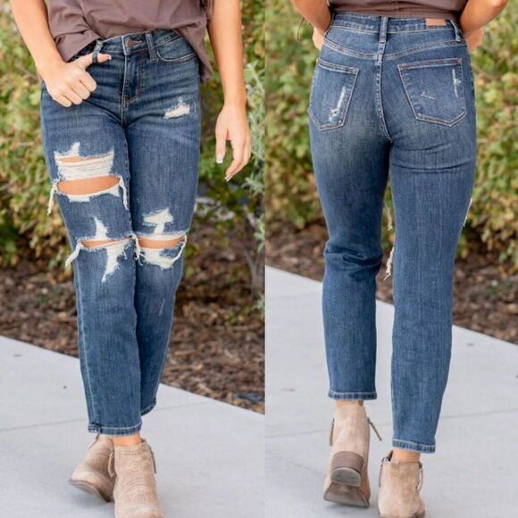 Judy Jeans Women 16WX27.5 Blue High-Waisted Distressed Denim Boyfriend Jeans - Picture 1 of 8